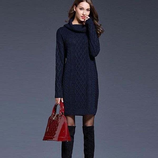 

casual dresses jyconline winter sweater dress turtleneck pullover knitted women autumn warm long sleeve knitwear, Black;gray