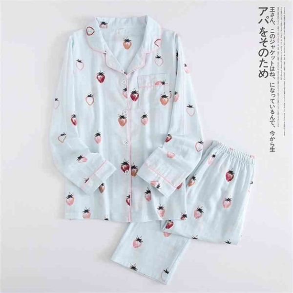 

fresh 100% gauze cotton pajamas set spring summer japanese kawaii strawberry homewear casual long-sleeve sleepwear 210809, Black;red