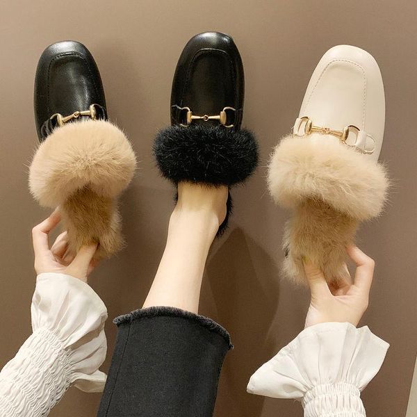 

slippers women's slides on mules loafers flats shoes woman flip flops 2021 fleeces with fur zapatos de mujer, Black