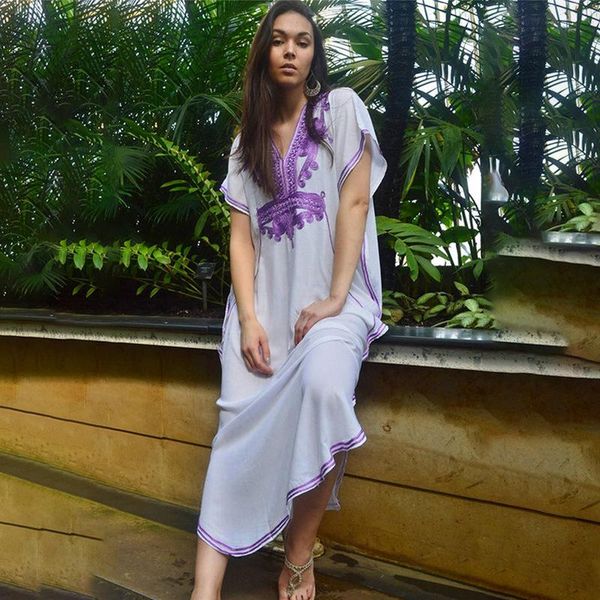 

women's swimwear 2021 summer blue cotton bohemian dress beach blouse plus size embroidered beachwear tunic robe kimono, White;black