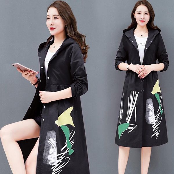 

women's trench coats women clothes 2021 autumn winter vintage print slim hooded plus size cardigan long coat national style outerwear 5, Tan;black