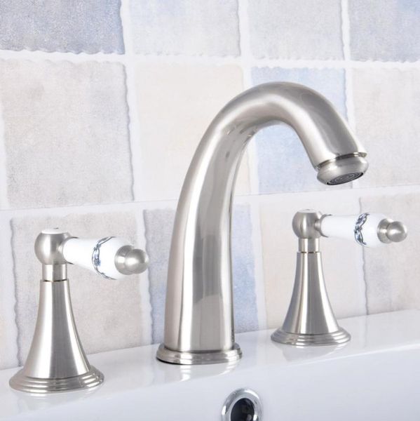 

brushed nickel brass deck mounted bathroom basin faucet widespread vanity sink mixer tap three holes/two handles anf682 faucets