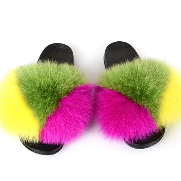

100% real fur slippers ladies summer fashion simple cute indoor non-slip fluffy flower type, Black