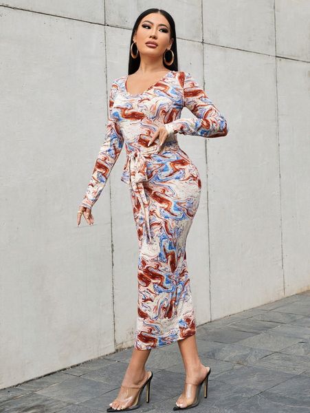 

v neck marble print belted split hem bodycon dress 876b#, Black;gray