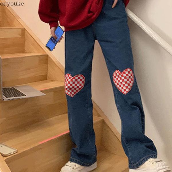 

women's jeans 2021women's love lattice autumn high waist loose hip hop pants straight tube wide leg long y2k, Blue