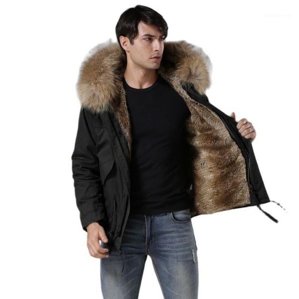 

army green and black shell parka with faux fur lining short coat for men winter jacket raccoon collar men's down & parkas