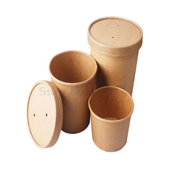 

disposable cups & straws 50pcs kraft paper soup barrel bowl white round salad fruit takeaway porridge food dessert cup with lid