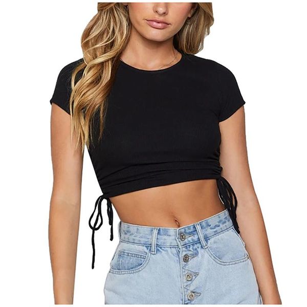 

women's t-shirt womail vintage t shirt crop solid drawstring open navel round neck casual short sleeve goth, White