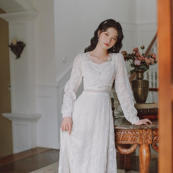 

casual dresses for women 2021 chiffon embroidery sweet fairy dress square collar autumn high waist hollow elegant party robe, Black;gray