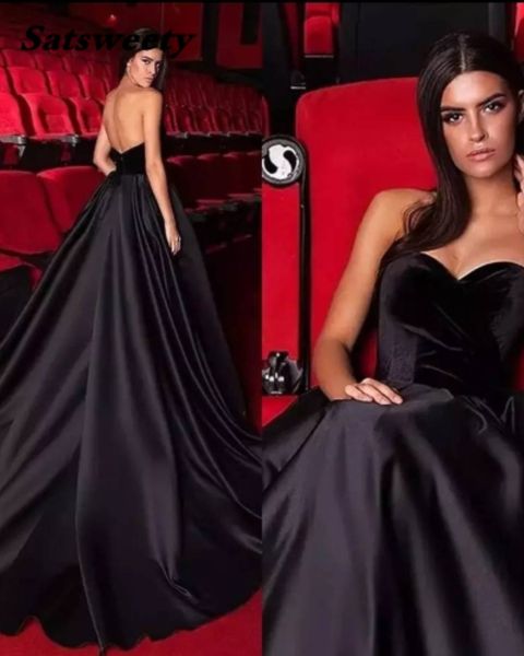 Elegantes schwarzes A-Linien-Abschlussballkleid 2022, herzförmiges, rückenfreies Samtoberteil mit Satinrock, langes formelles Abendkleid