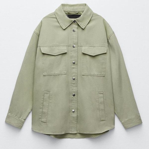 

women's jackets zaaho 2021 spring autumn vintage green shirt jacket women casual button pockets long sleeve solid loose coat female, Black;brown