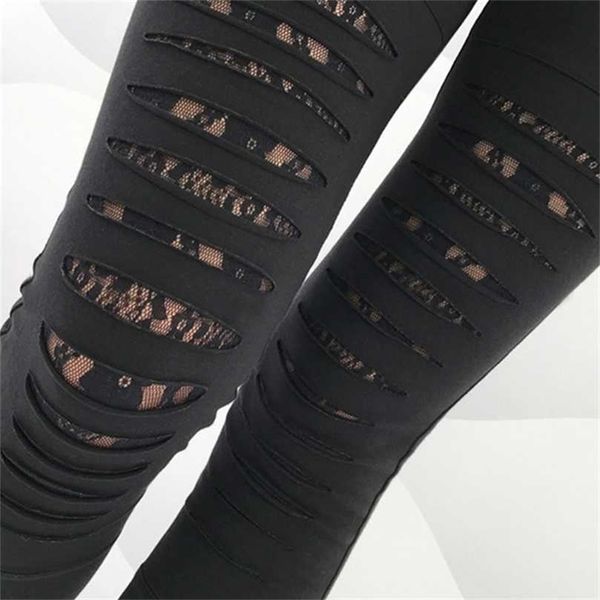 Mulheres Moda Estilo Sexy Lace Leggings Rasgado Buraco Ankle Comprimento Calças De Verão Calças Preto XXL Plus Size 211204