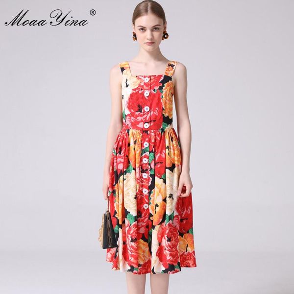 

casual dresses moaayina fashion designer runway dress spring summer women spaghetti strap button floral-print vacation beach, Black;gray