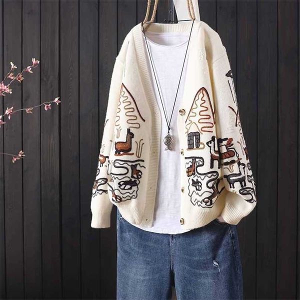 

autumn and winter jacket loose literary v-neck long-sleeved embroidery women's knitted cardigan retro sweater 211011, White;black