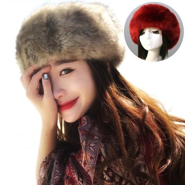 

wide brim hats winter women fashion russian thick warm beanies fluffy fake faux fur hat empty headscarf, Blue;gray