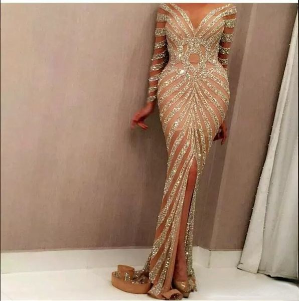 Yousef Aljasmi 2022 Meerjungfrau Abendkleider Luxus Langarm Champagner Pailletten Sexy Sheer Jewel Neck Vorne Split Prom Kleider Nach Maß CG001