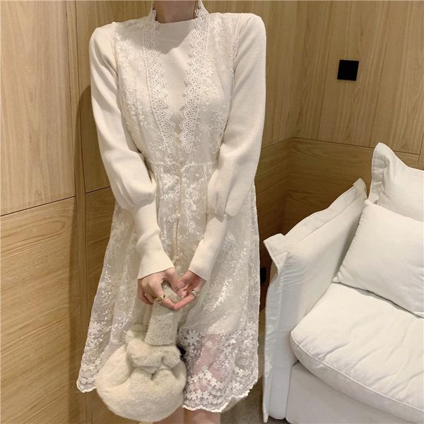 

casual dresses knitted elegant women sweater dress autumn winter thick warm long midi + a line lace ladies 2piece set, Black;gray