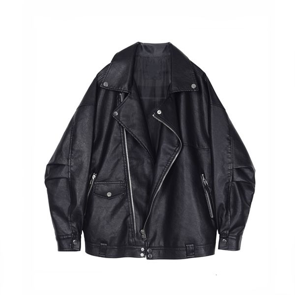 

women's trench coats zipper woman pu leather jacket turn down collar spring autumn street fashion casual black loose cool coat clo, Tan;black