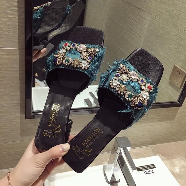 

slippers women's shoe 2009 summer outside wear open-toed coarse-heeled colored gem rivet medium-heeled shoes, Black