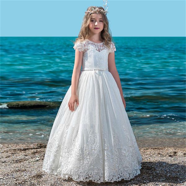 

short sleeves white flower girl dresses for wedding birthday party, White;blue