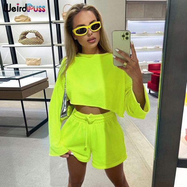 

women's tracksuits weird puss casual tracksuit women autumn loose 2 piece set long sleeve crop drawstring shorts sporty basic streetwea, Gray