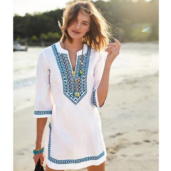 

women vintage beach dress summer embroidered beachwear cover ups 2021 white cotton bikini cover-up sarongs plage tunic women's swimwear, White;black
