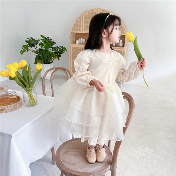 2021 Frühling Neue Ankunft Mädchen Langarm Princess 2 Peices Anzug Langarm Kleid + Schleierkleider Kinder Kleidung X0902