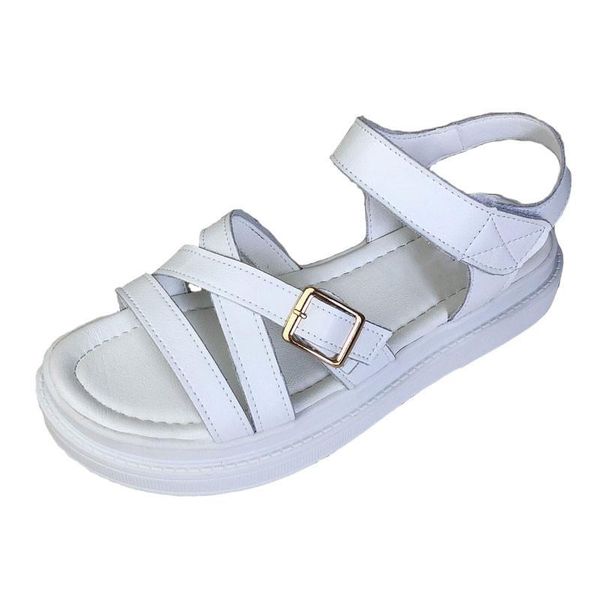 

summer fashion women platform belt buckle flats pu leather cross straps sandals female casual open toe beach rome shoes, Black