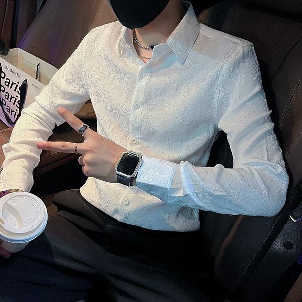 

men's dress shirts 2021 fall shirt long sleeve korean slim jacquard three-dimensional color trend casual handsome, White;black