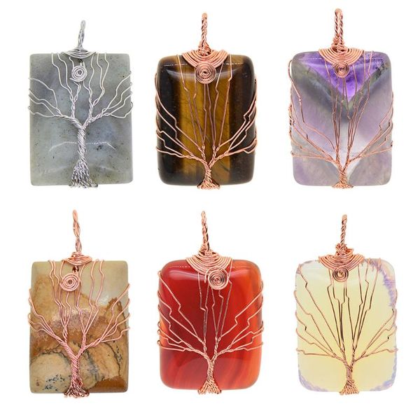 

pendants tree of life rectangle pendant copper wire wrapped natural crystal stone for women ladies sweater necklace choker, Black