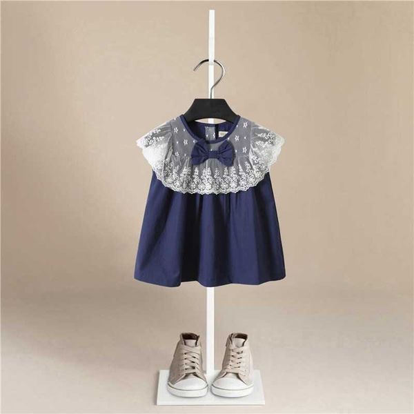 Yaz Kız Elbise Pamuk Çocuk Kısa Kollu Elbiseler Katı Renk Şerit Sevimli Çocuk Parti Prenses Dantel Elbise Için Giysi Üstleri Q0716