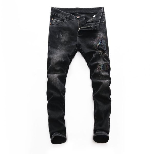 

fashion jeans high street men's black gray wash point diamond slim pants, Blue