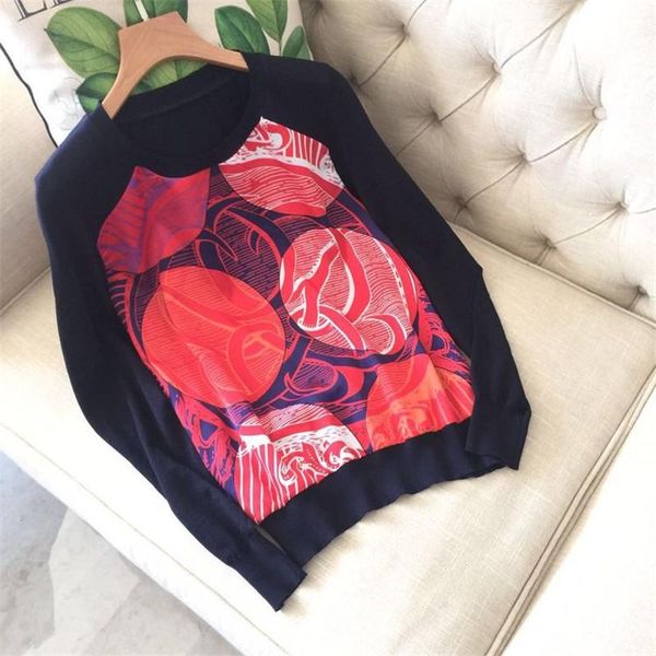 

women's sweaters luxury designer brand knitted pullovers for women o neck vintage twill printed silk spliced wool sweater, White;black