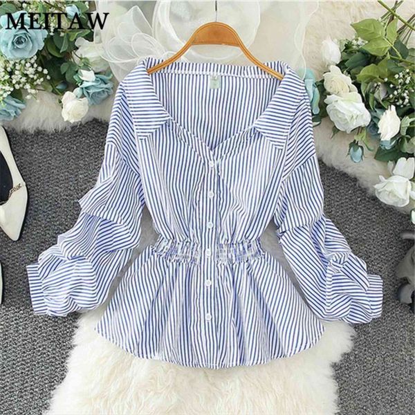 

elegant ruffle office vintage striped womens shirt print spring autumn long sleeve slim casual, White