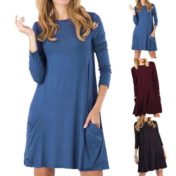 

casual dresses dress women's round-necked long-sleeved pocket solid color ladies for women full robe femme daily, Black;gray