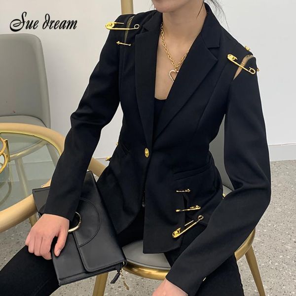 

women's jackets 2021 autumn fashion black hollow out patchwork coat notched long sleeve slim elegant female suit, Black;brown