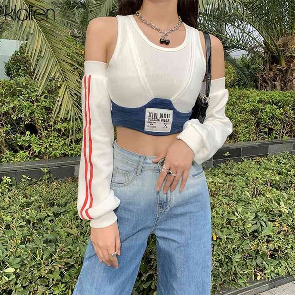 

klalien autumn fashion patchwork women t-shirt new off shoulder rib knitted letter slim wild streetwear female 210324, White