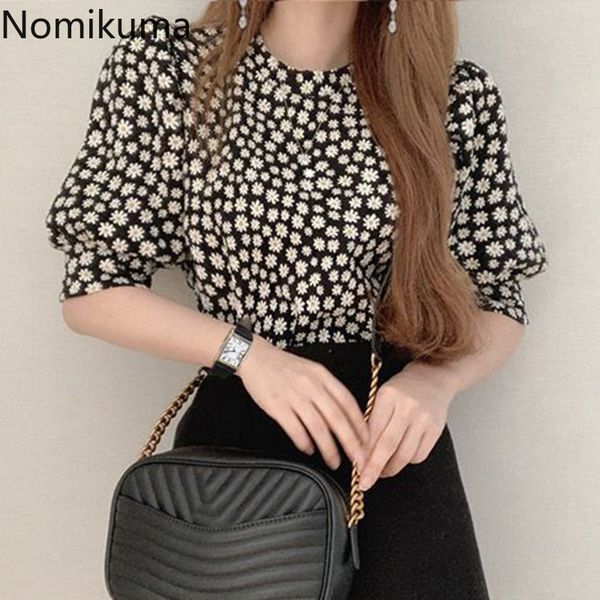 

nomikuma korean style short sleeve shirt women o neck flower printed casual vintage blouse female chic blusas mujer 210514, White