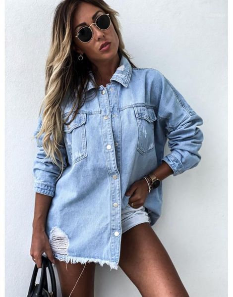 

women's jackets 2021 women long denim coat autumn winter turn down collar oversized longline hole ripped boyfriend jacket outwear1, Black;brown
