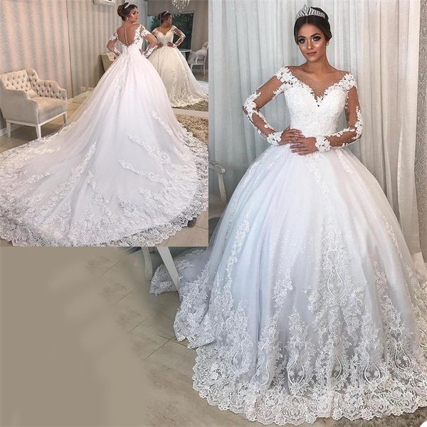 Boho Abito da sposa a trapezio Immagine reale Perline Abiti da sposa in pizzo con applicazioni Sweep Train Sheer Neck Maniche lunghe Custom Made Beach Robe De Mari￩e