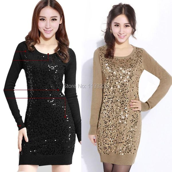 

casual dresses women lady sequins blingbling o neck bodycon long sleeve knitted knitwear sweater dress shirts mini, Black;gray