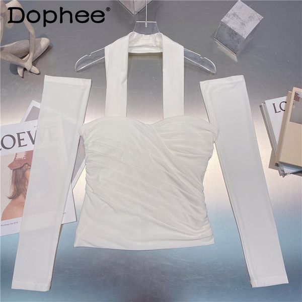

women's t-shirt 2021 summer sun protection shirt mesh oversleeve backless halter vest sling crop for women rushed camisole, White