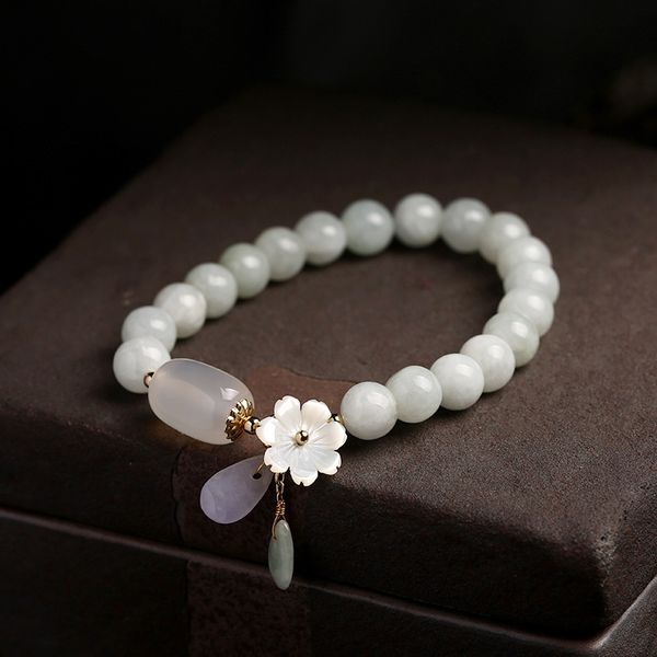 

natural jade emerald agate beads bracelet adjustable bangle charm jewelry yoga water drop shell flower pendant bracelet woman, Golden;silver
