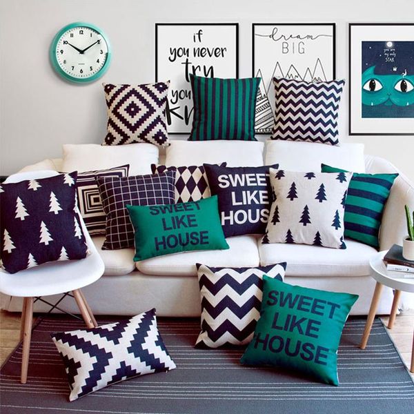 

nordic black green linen cushion cover geometric christmas tree plaid chevron sweet like house quote decor 18" cushion/decorative pillo
