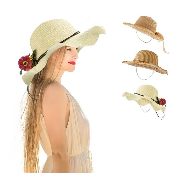 

wide brim hats summer flowers straw hat women big along the beach bow fisherman's sun sunscreen uv resistant panama cap, Blue;gray
