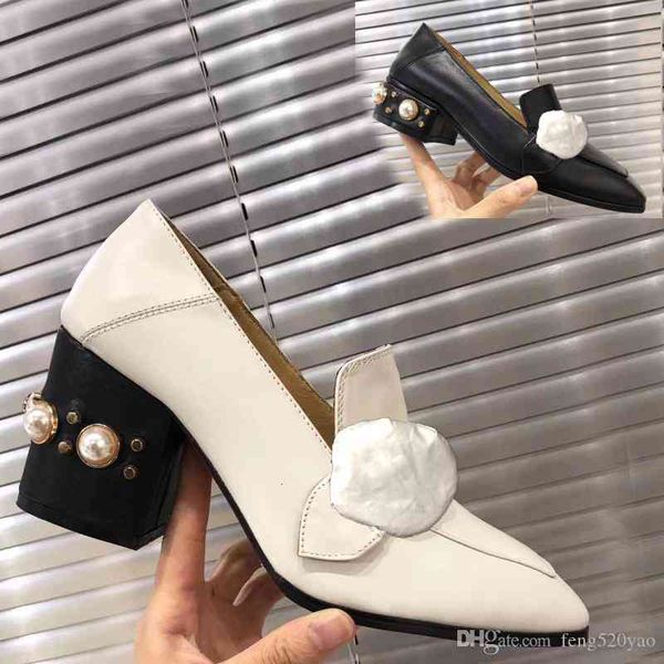 

dress shoes classic high-heeled boat shoe designer leather rivet thick heel high heels 100% cowhide metal button women pearl shoes large siz, Black