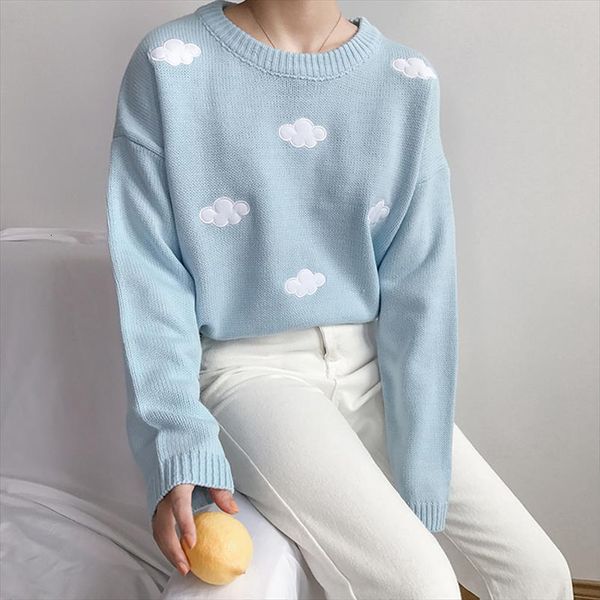 

women kawaii pullover cute womens sweaters spring autumn ulzzang vintage flaky clouds applique sweater ladies korean loose harajuku knitted, White;black