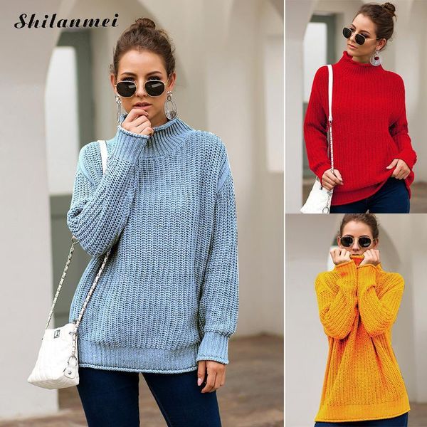 

women's sweaters knitted women sweater turtleneck knitwear fashion autumn winter loose pullover solid yellow jumper causal pull femme, White;black
