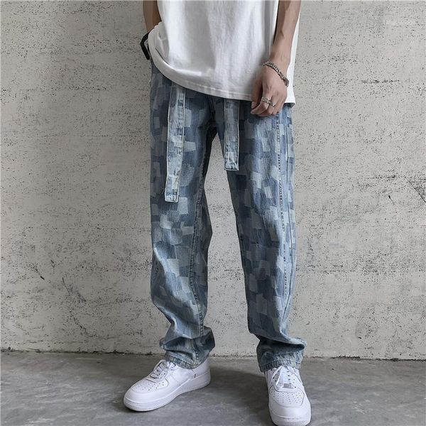 Calças de brim dos homens calças de desenhador de marca impresso baggy hip hop denim calças perdas em forma de visão de moda