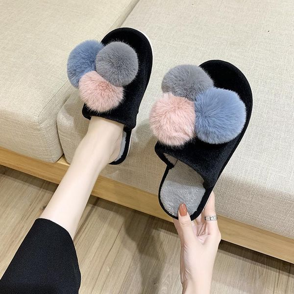 

women's shoes ladies' slippers luxury slides fur flip flops lady winter footwear 2021 soft designer flat plush girl slipper, Black